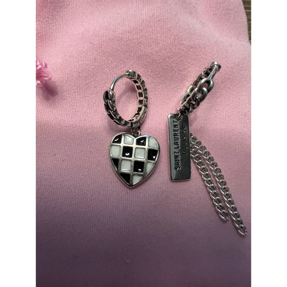 Silver Earrings/Black and White Checkered Heart - Picture 1 of 5